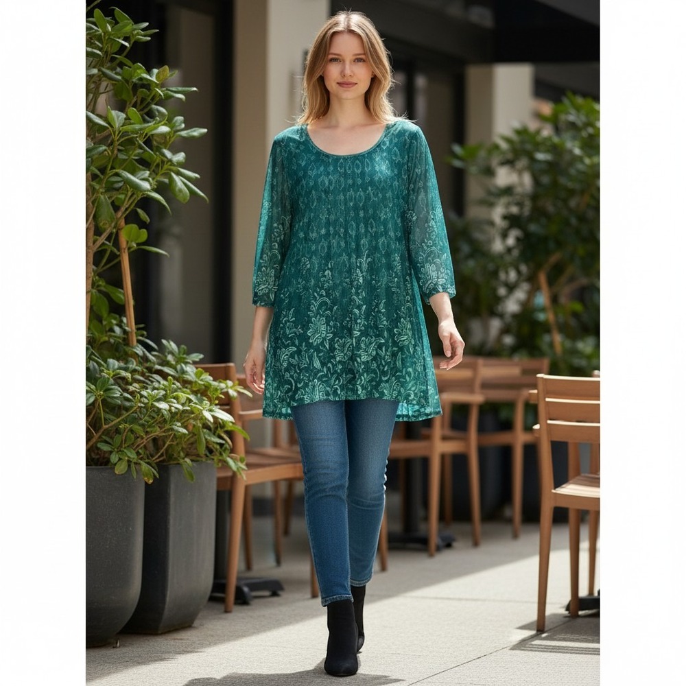 Valolia Women's Teal Green Floral Mesh Tunic 3/4 Sleeve Pleated Scoop Neck 2XL